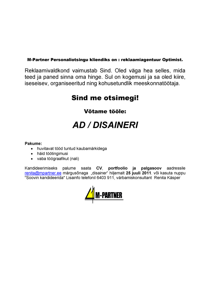 M-Partner HR OÜ AD/DISAINER