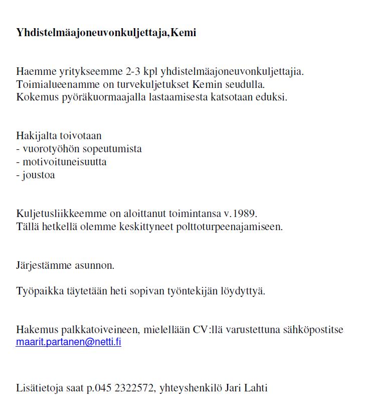 Kuljetusliike Lahti Oy Yhdistelmäajoneuvonkuljettaja