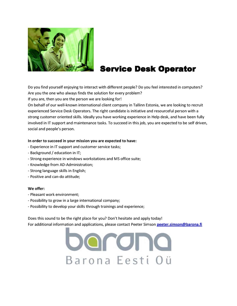 Barona Eesti OÜ Service Desk Operator