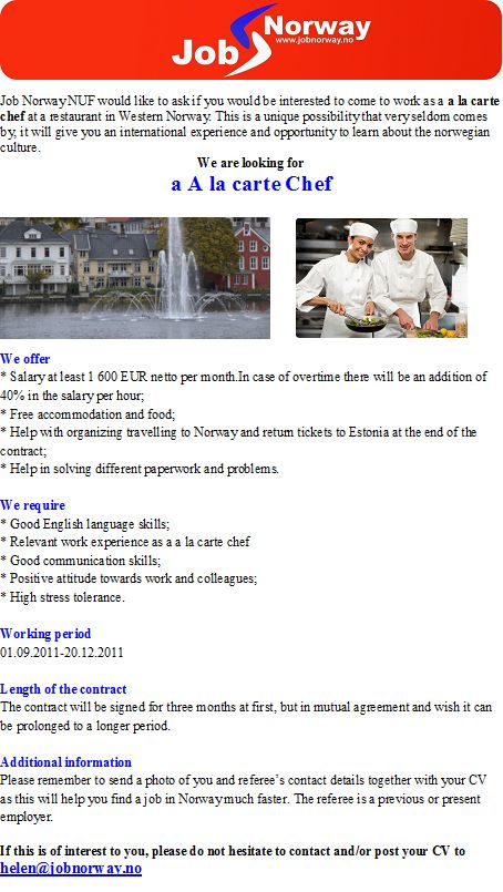 Job Norway A la carte Kokk/chef