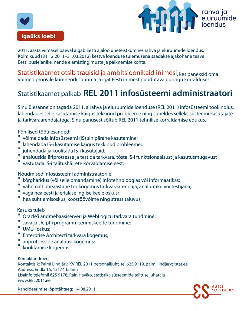 Statistikaamet REL 2011 infosüsteemi administraator