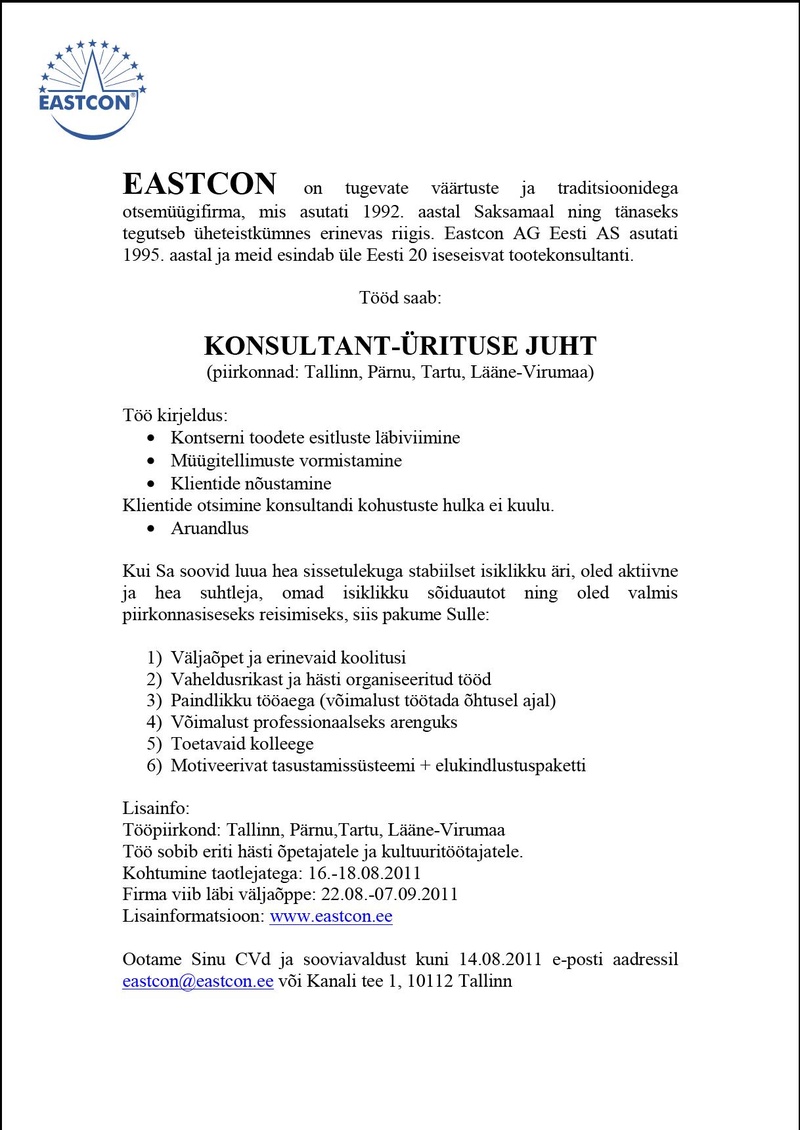 Eastcon AG Eesti AS Konsultant-ürituse juht