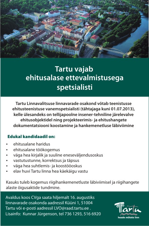 Tartu Linnavalitsus Ehitusteenistuse vanemspetsialist