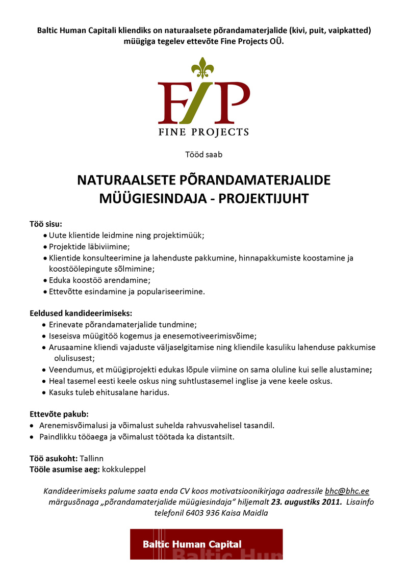 Baltic Human Capital Põrandamaterjalide müügiesindaja-projektijuht