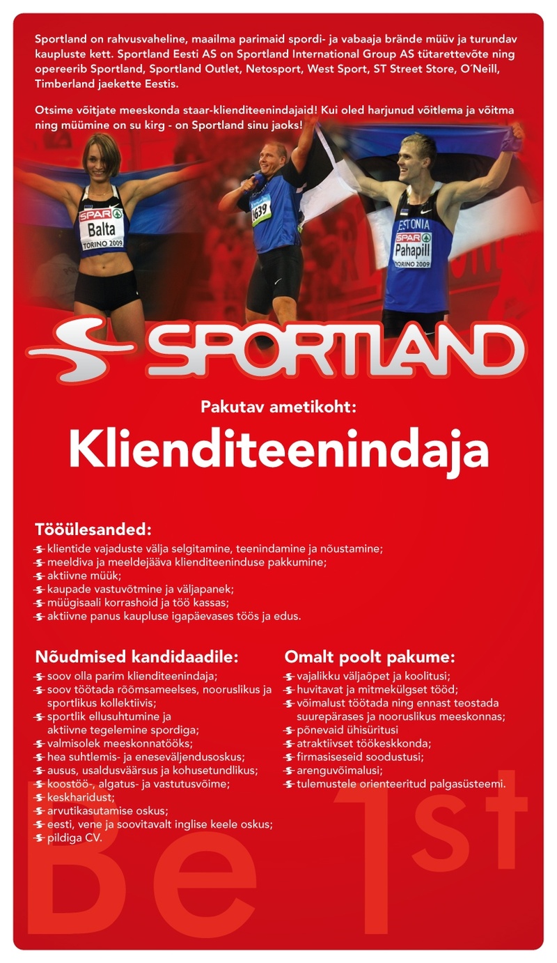 Sportland Eesti AS Tartu Sportlandi  klienditeenindaja