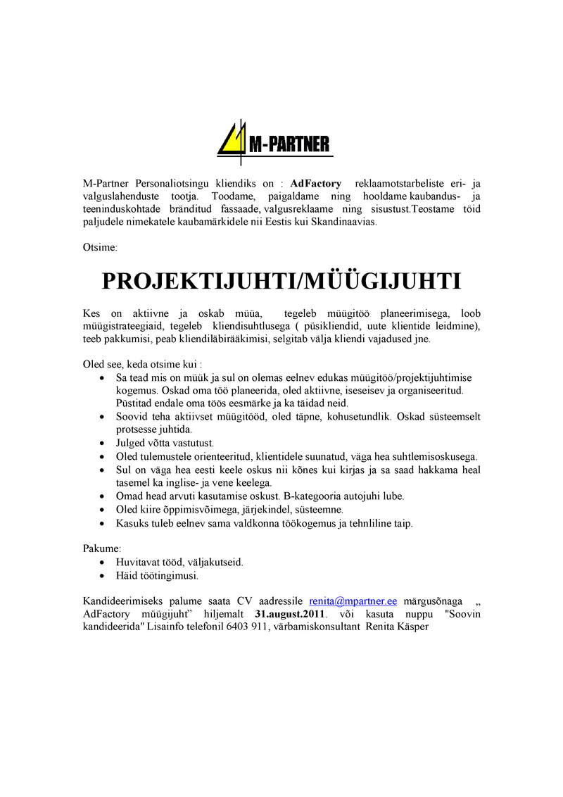 M-Partner HR OÜ Projektijuht/Müügijuht