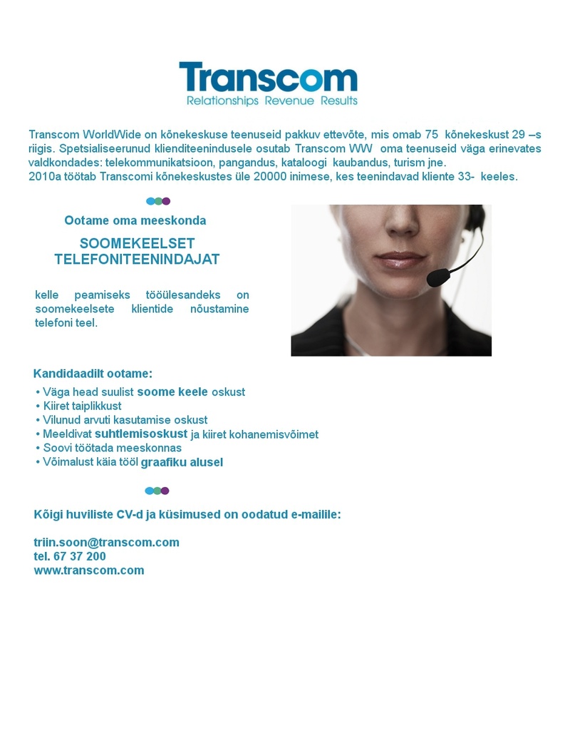Transcom Eesti OÜ Soomekeelne telefoniteenindaja
