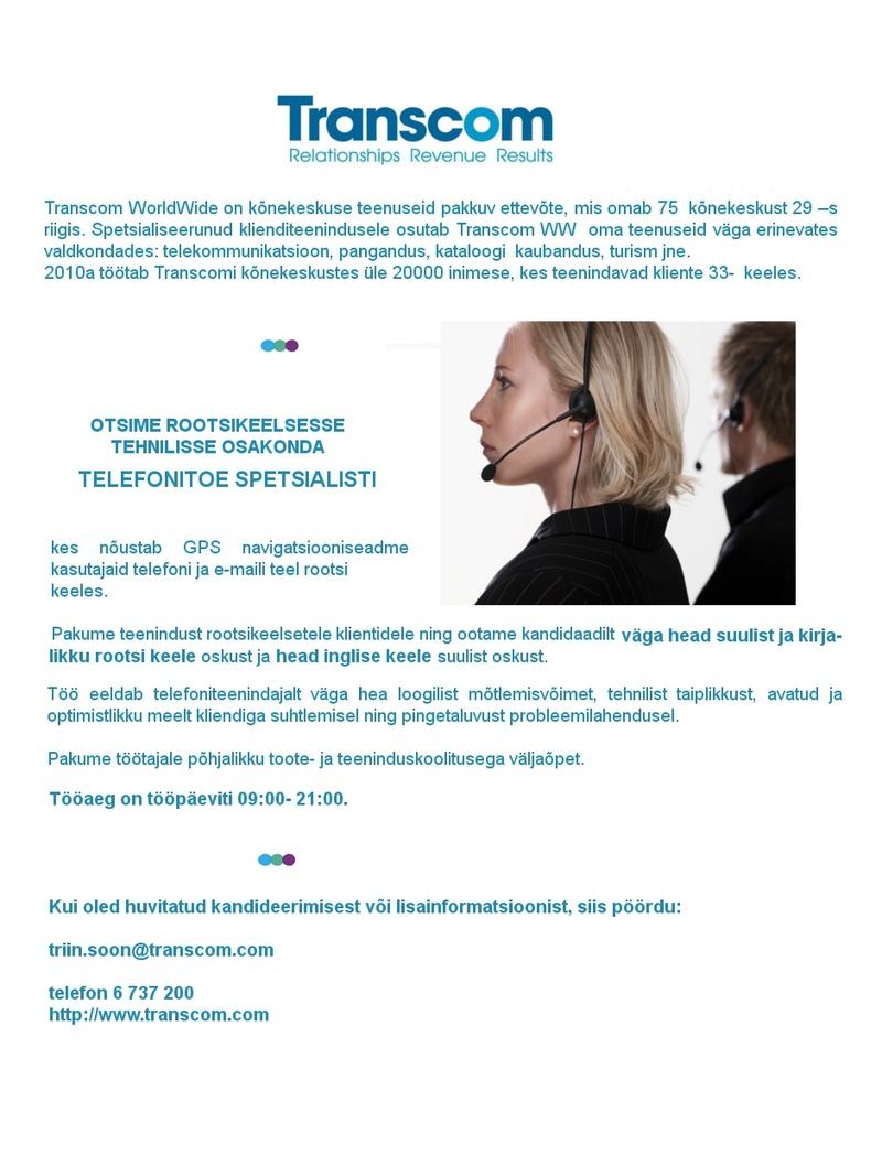 Transcom Eesti OÜ Rootsikeelne telefonitoe spetsialist