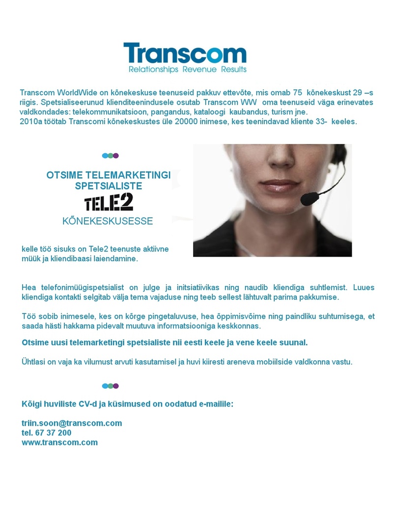 Transcom Eesti OÜ Telefonimüügi spetsialist