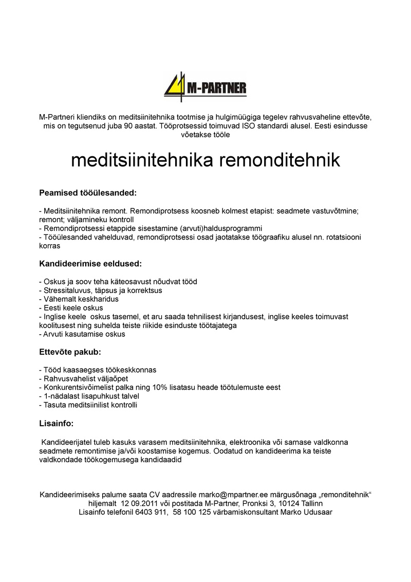 M-Partner HR OÜ Meditsiinitehnika remonditehnik