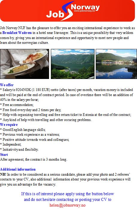 Job Norway Ettekandja/waitress