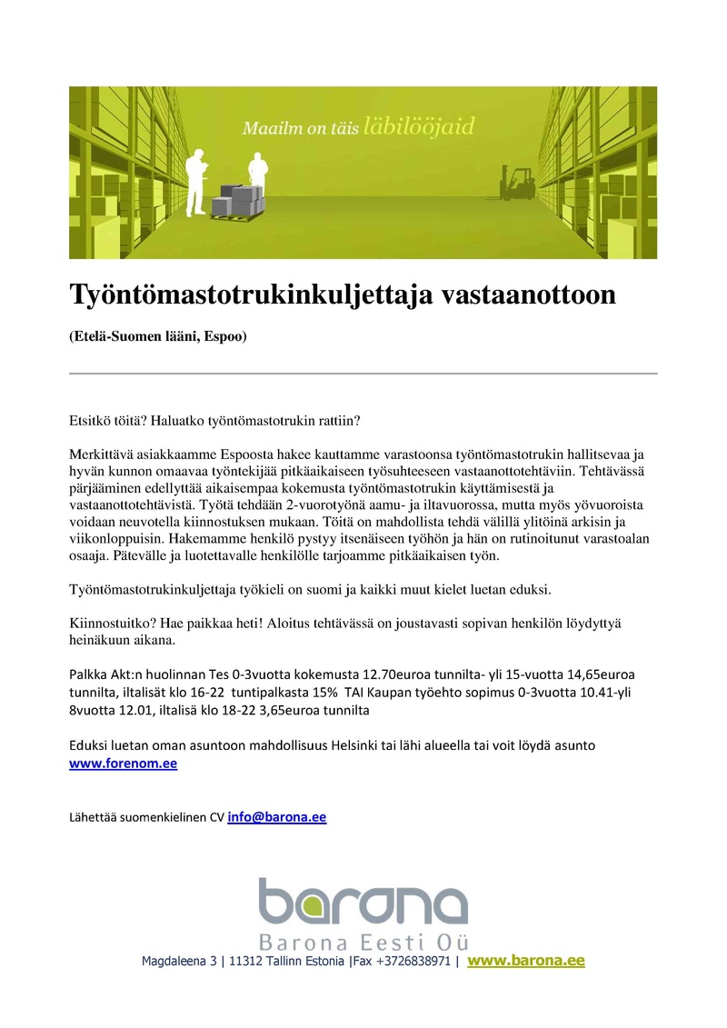 Barona Eesti OÜ Työntömastotrukinkuljettaja