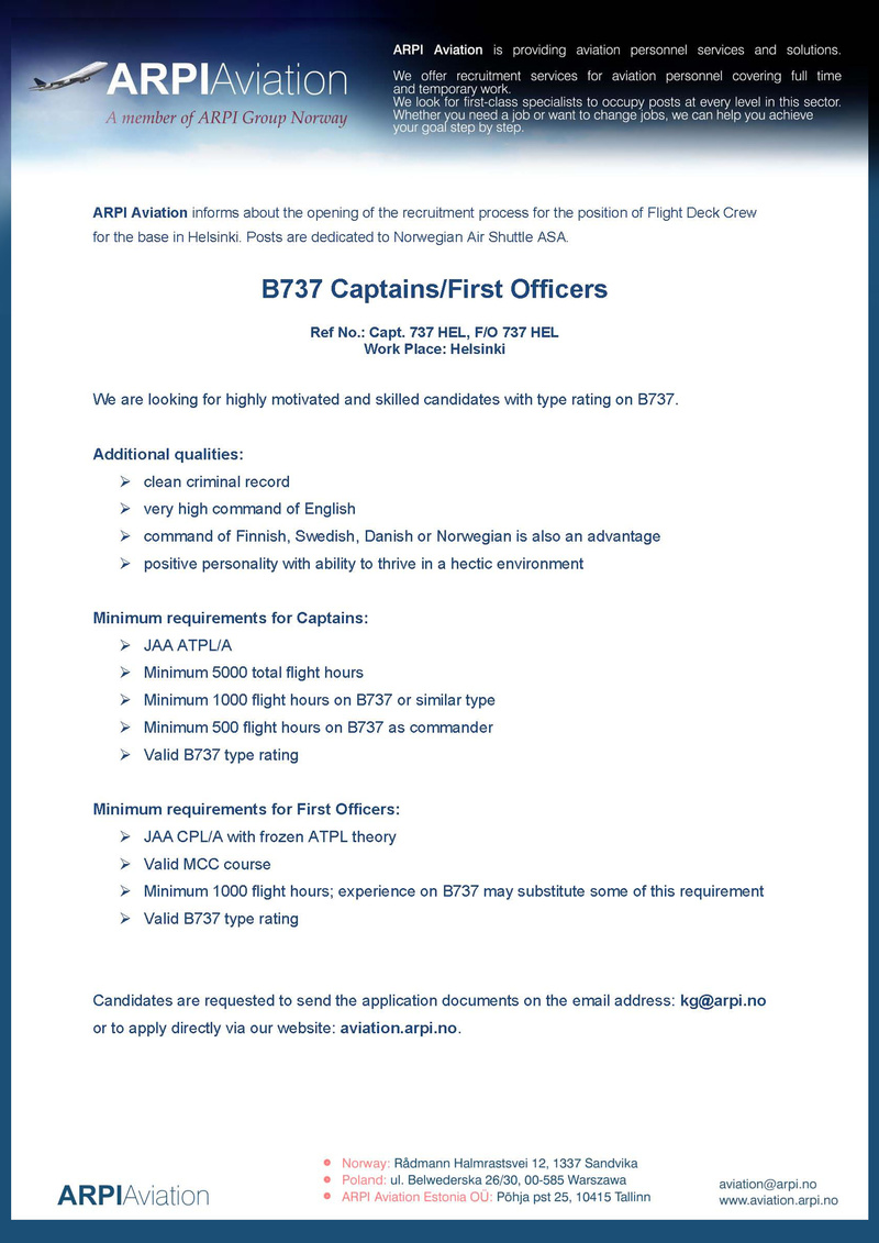 ARPI Aviation B737 Captains / First officers