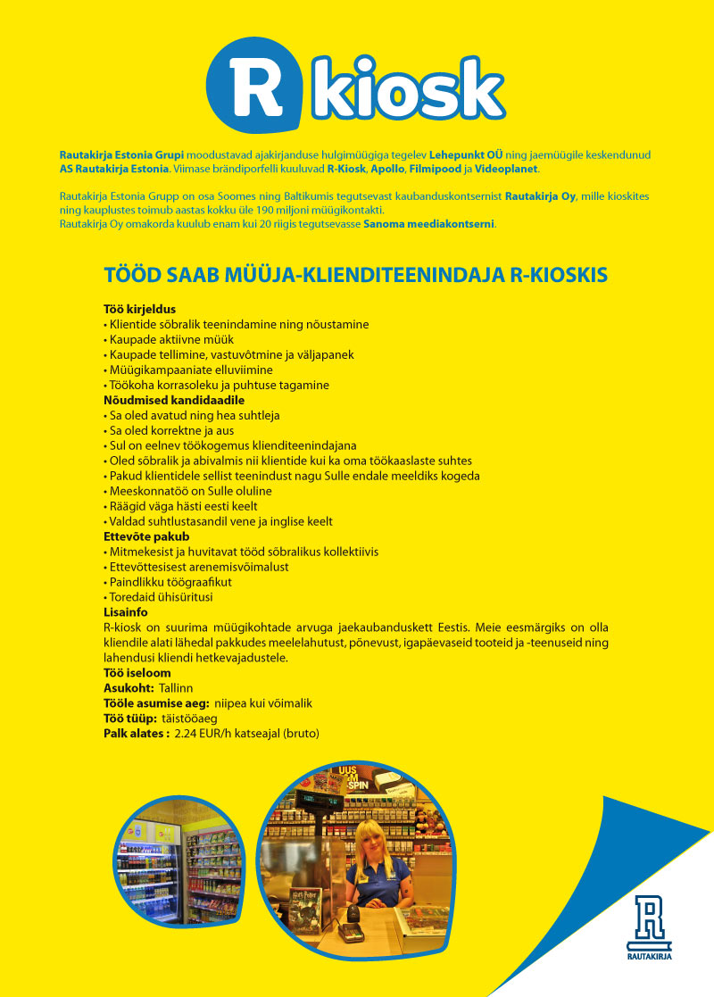 AS Rautakirja Estonia Müüja-klienditeenindaja R-kioskis