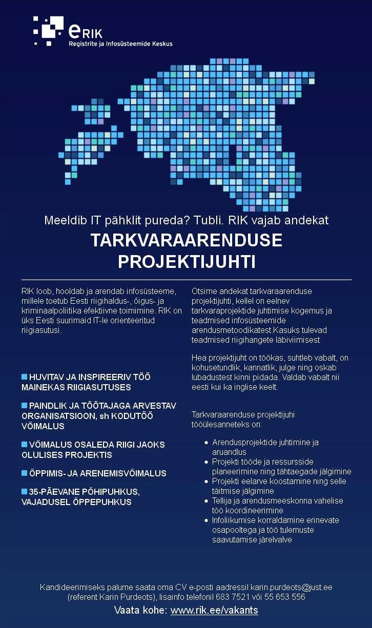 Registrite ja Infosüsteemide Keskus Tarkvaraarenduse projektijuht