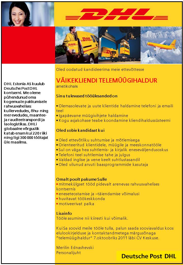 DHL Estonia AS Väikekliendi telemüügihaldur