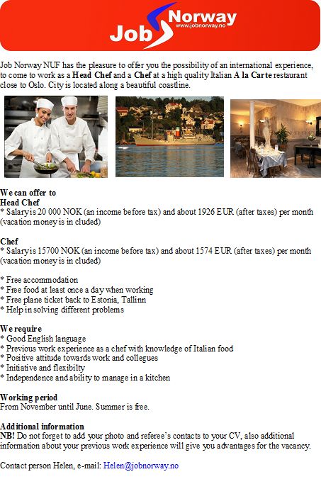 Job Norway Head Chef and Chef