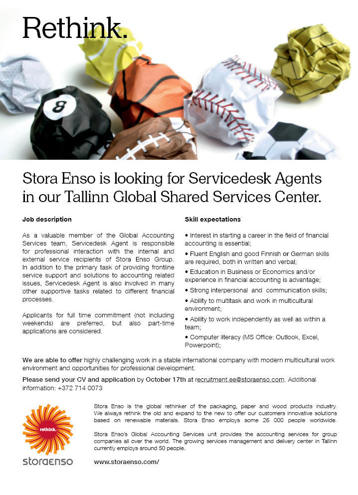 Stora Enso Eesti AS Servicedesk Agent