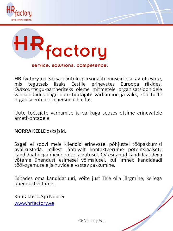 HR factory OÜ Norra keele oskaja
