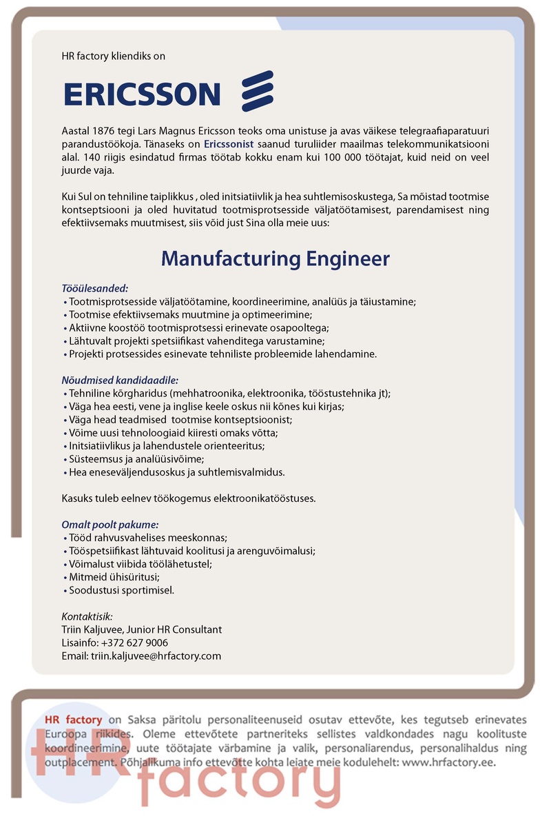 HR factory OÜ Manufacturing Engineer