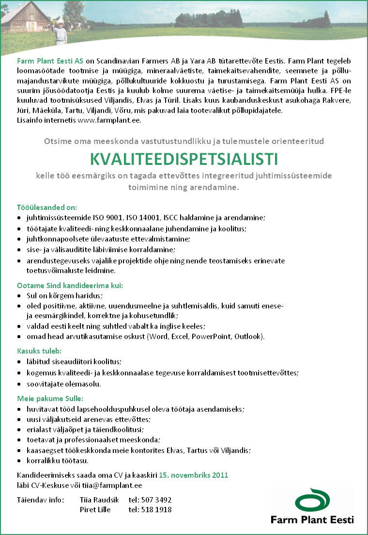 Farm Plant Eesti AS Kvaliteedispetsialist