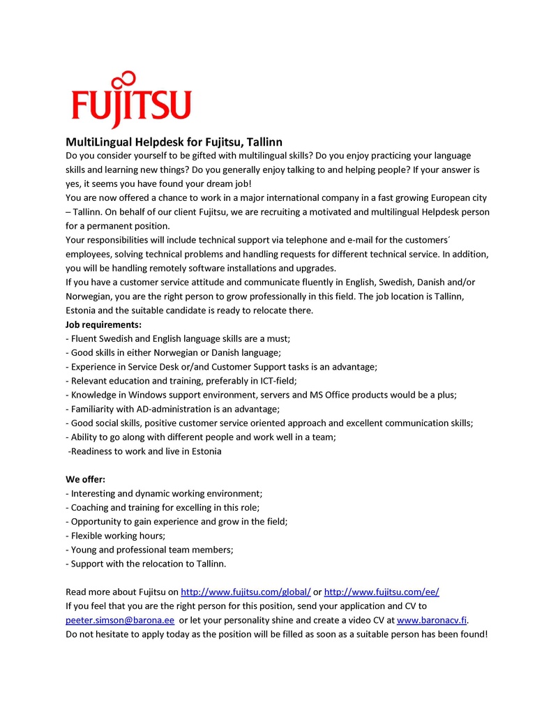 Barona Eesti OÜ MultiLingual Helpdesk for Fujitsu, Tallinn