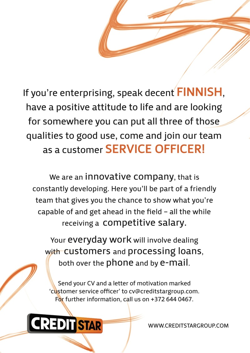 Creditstar Group AS Customer service officer / speaks finnish/