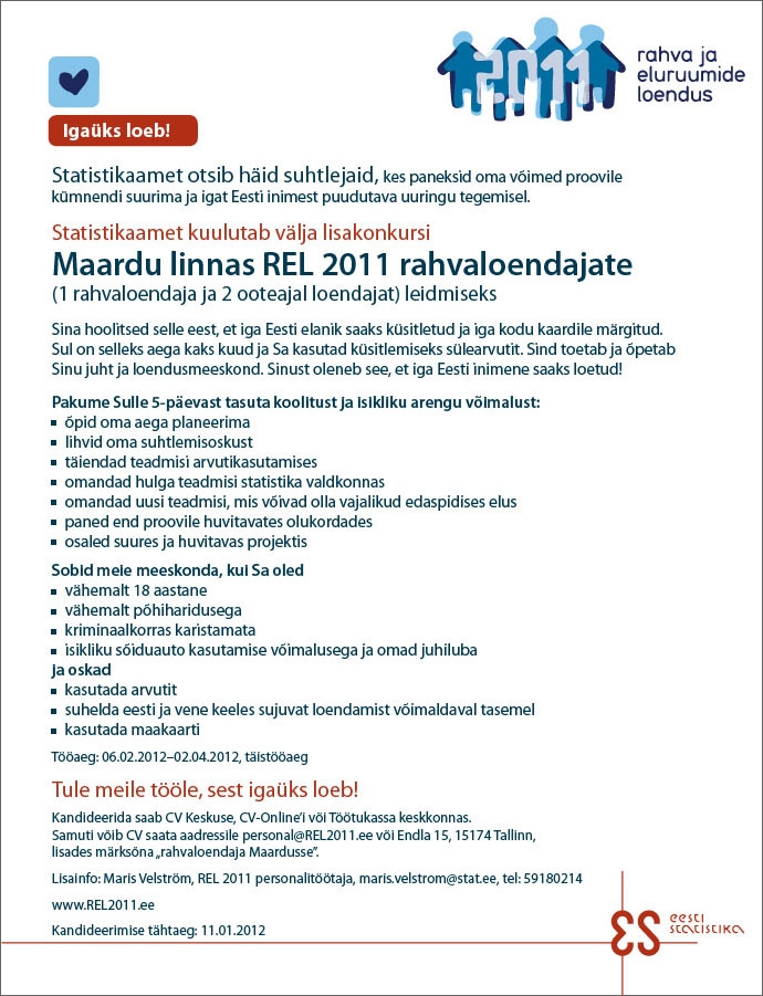 Statistikaamet Maardu linnas REL 2011 rahvaloendajad (1 rahvaloendaja ja 2 ooteajal loendajat)