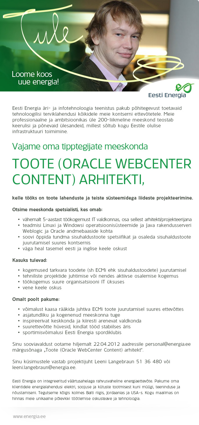 CVKeskus.ee klient Toote (Oracle WebCenter Content) arhitekt