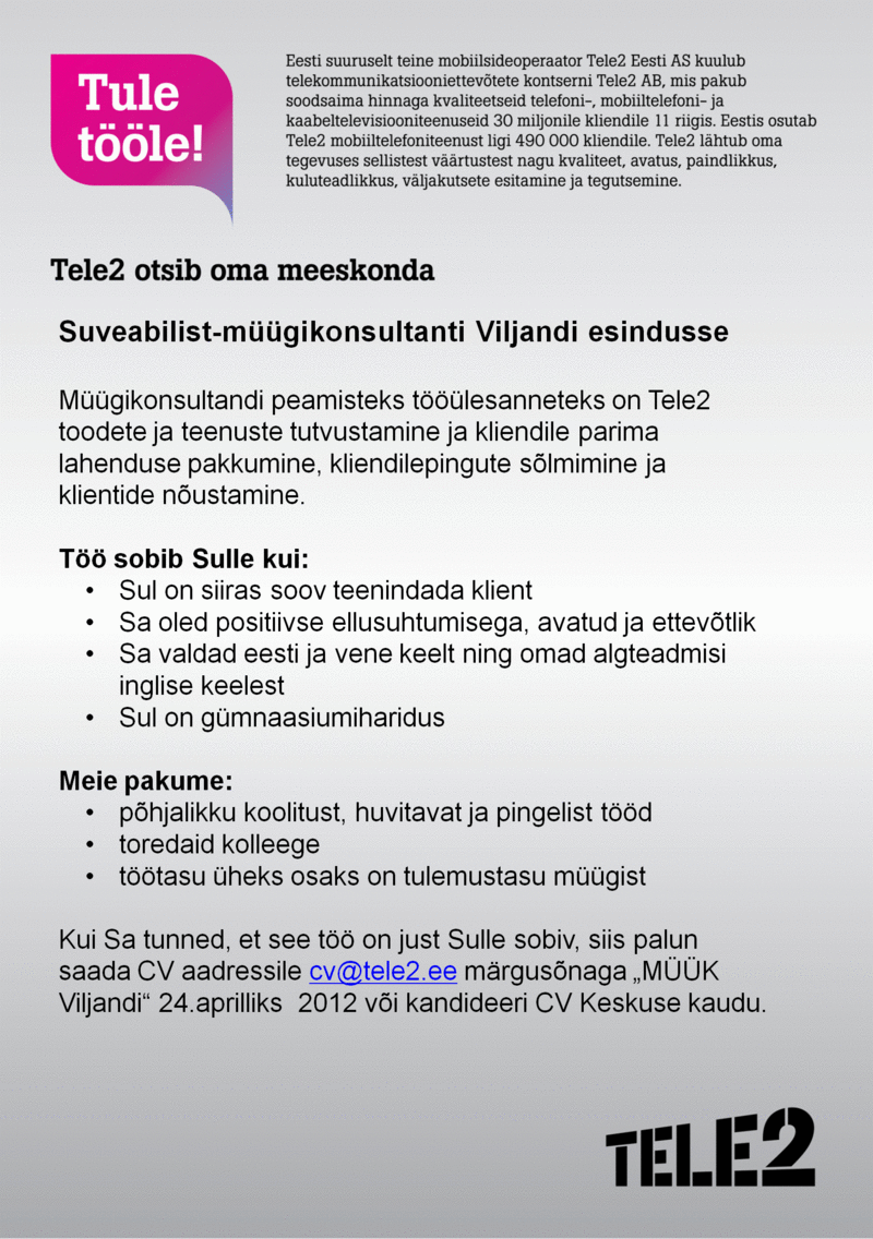 CVKeskus.ee klient Suveabiline-müügikonsultant Viljandi esindusse