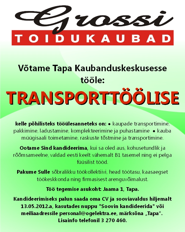 CVKeskus.ee klient Transporttööline (Tapa Kaubanduskeskus)