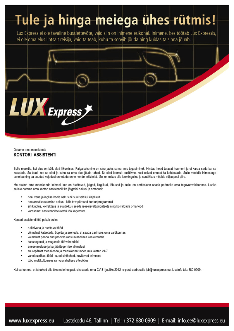 Lux Express Estonia AS Kontori assistent