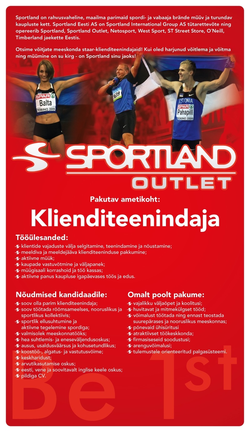 Sportland Eesti AS Ülemiste Sportland Outleti klienditeenindaja