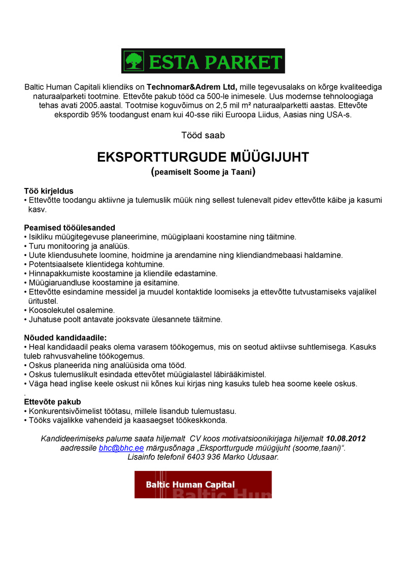 Baltic Human Capital Eksportturgude müügijuht (Soome, Taani)