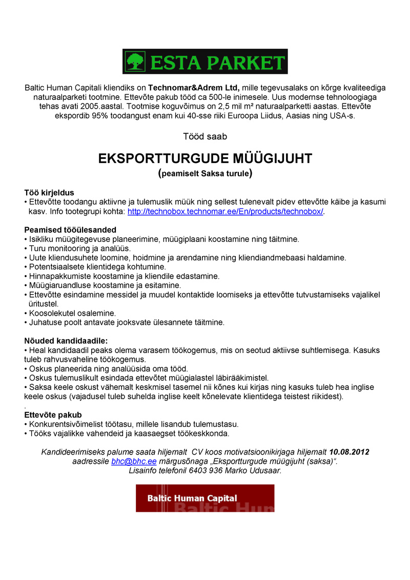 Baltic Human Capital Eksportturgude müügijuht (Saksa)
