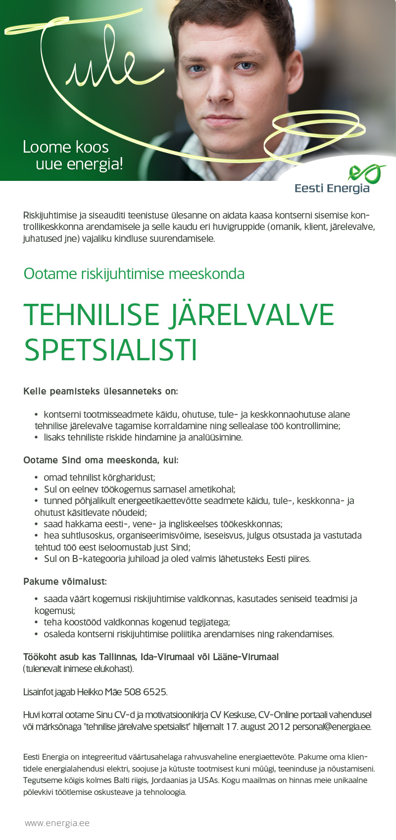 Eesti Energia TEHNILISE JÄRELVALVE SPETSIALIST