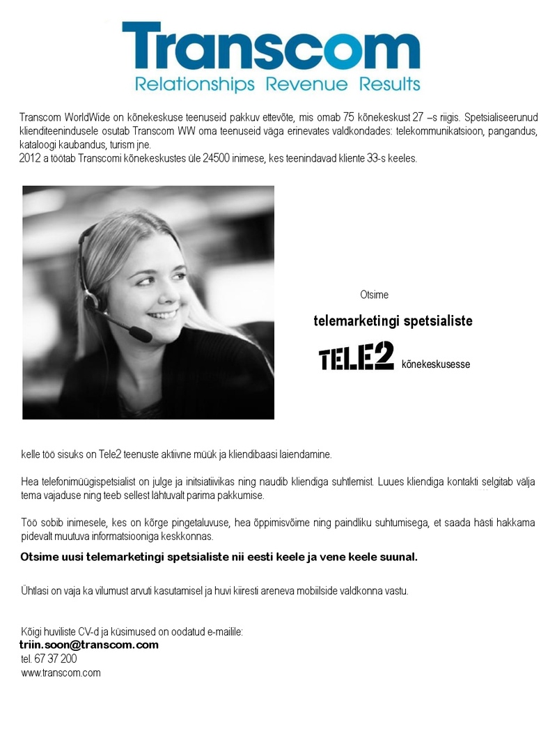 Transcom Eesti OÜ Telefonimüügi spetsialist