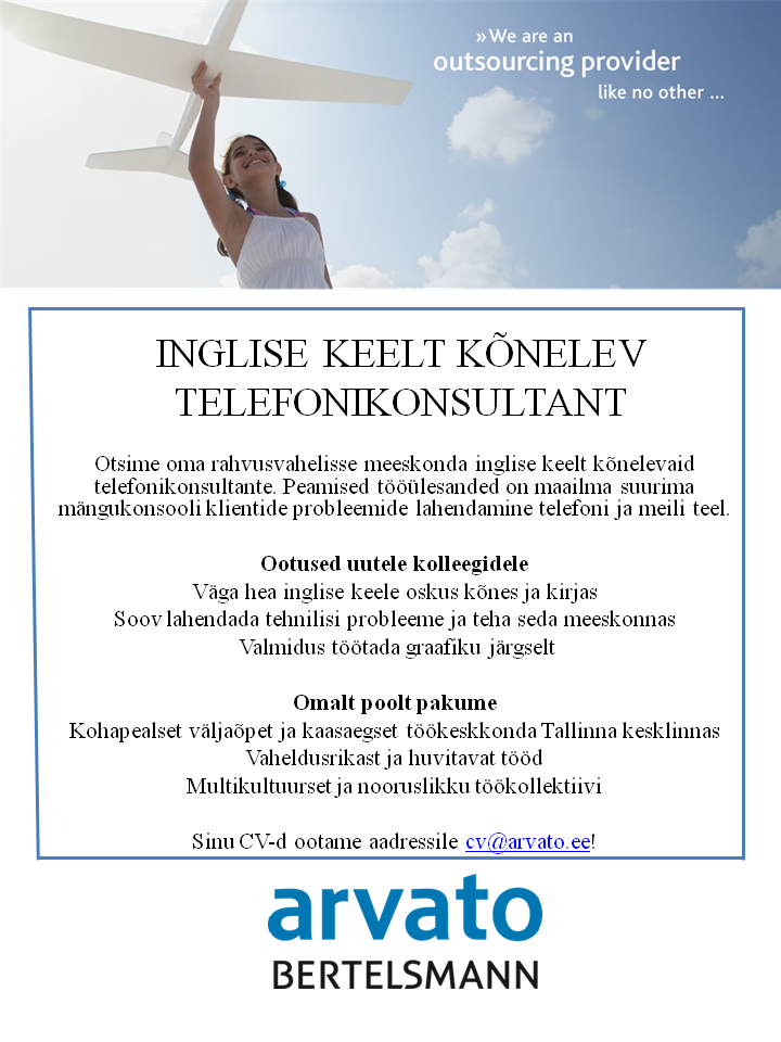 Arvato Services Estonia OÜ INGLISE KEELT KÕNELEV TELEFONIKONSULTANT