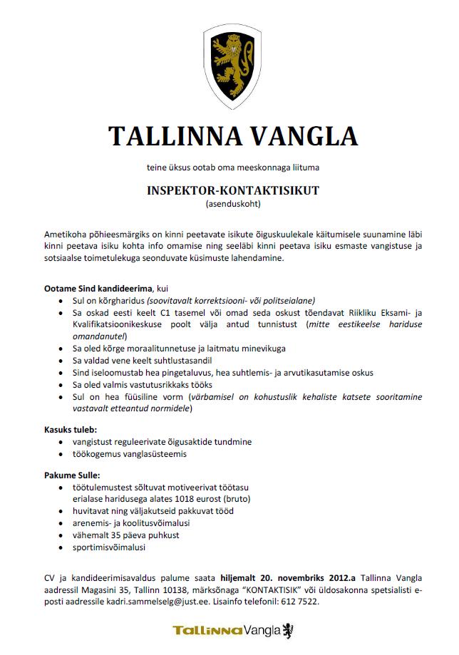 Tallinna Vangla TEISE ÜKSUSE INSPEKTOR-KONTAKTISIK (asenduskoht)