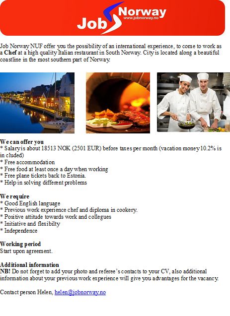 Job Norway Chef, Italian restaurant