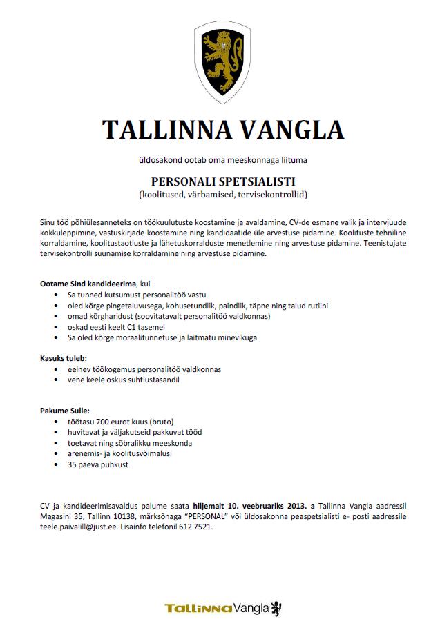 Tallinna Vangla PERSONALI SPETSIALIST