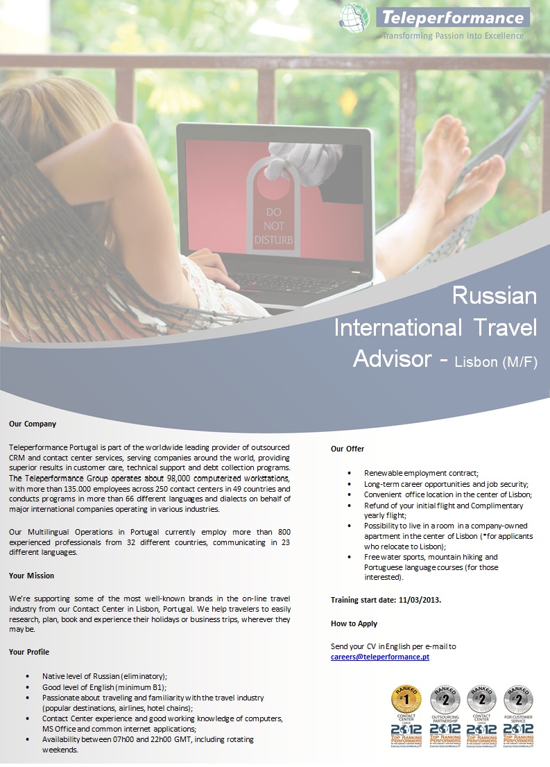 Teleperformance Group Russian International Travel Advisor - Lisbon (M/F)