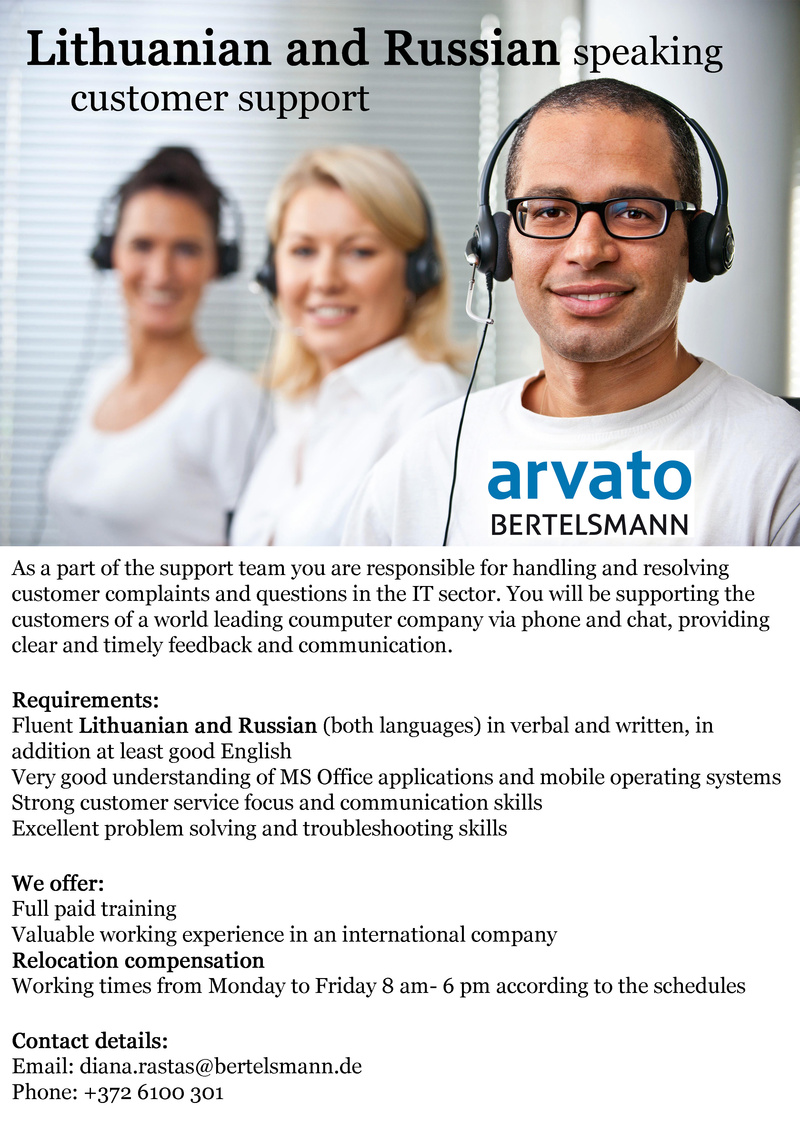 Arvato Services Estonia OÜ Lithuanian and Russian speaking customer support