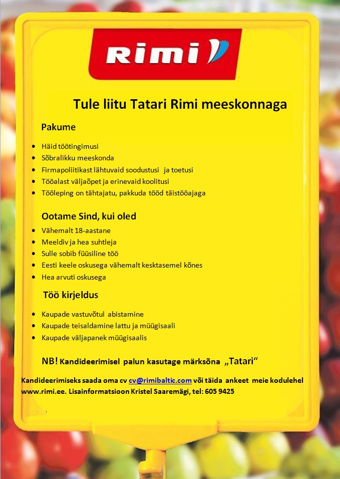 Rimi Eesti Food AS Transporditööline (Tatari Rimi supermarket)