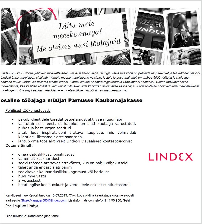 Lindex Eesti OÜ Lindex kaupluse müüja (Pärnu, Kaubamajakas)