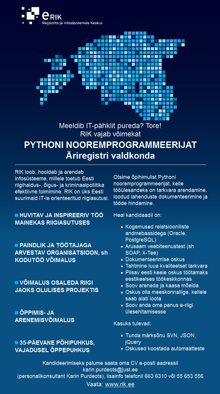 Registrite ja Infosüsteemide Keskus Pythoni nooremprogrammeerija