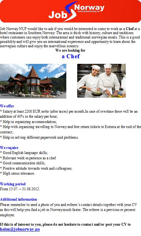 Job Norway NUF Chef to Southern-Norway