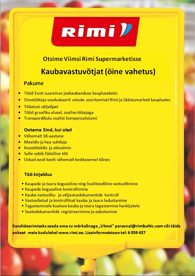 Rimi Eesti Food AS Öine kaubavastuvõtja (Viimsi Rimi Supermarket)
