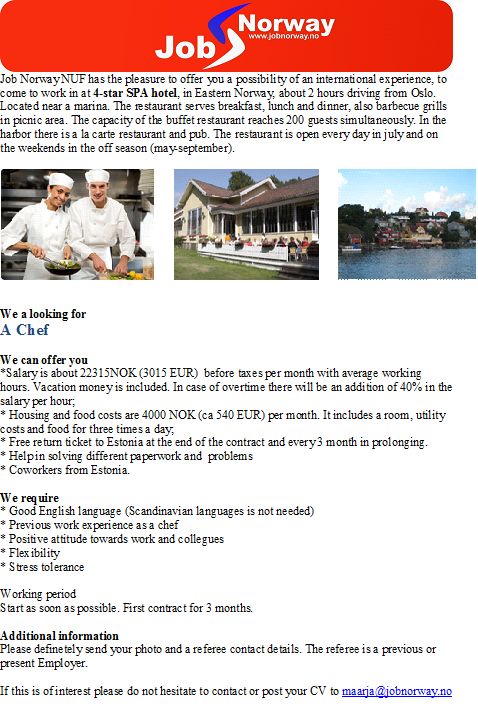 Job Norway Chef at 4* hotel