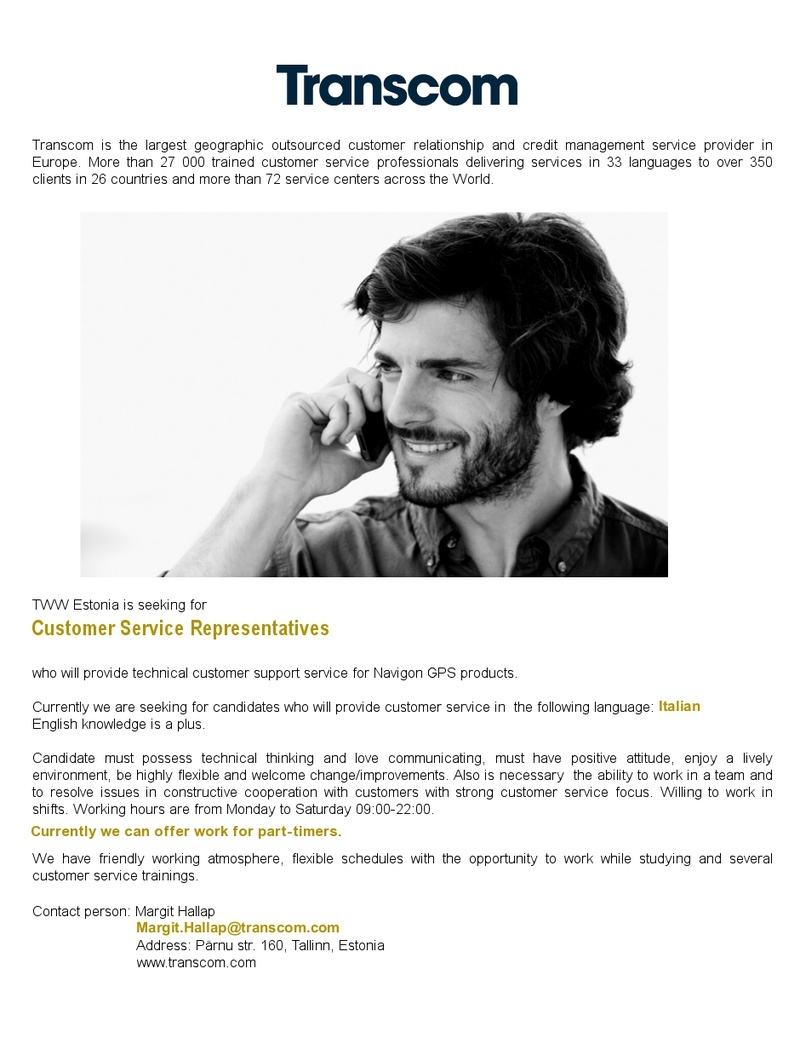 Transcom Eesti OÜ Italian speaking Customer Service Representative
